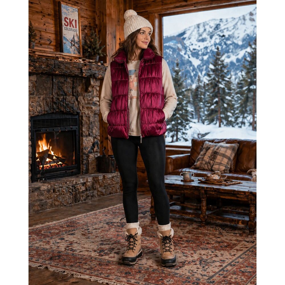 Massimo Dutti Feather Down Puffer Vest Burgundy Metallic Zip Front Size M